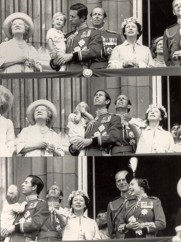 PKT982B - 65815 LP2B TROOPING THE COLOUR 19840616 Today's composite photo of members of the Royal Family watching the official flypast for the Queen's Birthday Parade. Looking up from the balcony of Buckingham Palace in London are, from left: The Queen Mother, the Prince of Wales, wiht son Prince William, the Duke of Kent, Princess Margaret, Prince Philip and the Queen.
