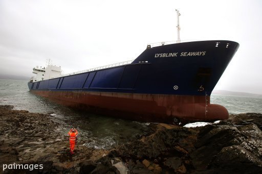 A general view of the container ship Lysblink Seaways grounded at Kilchoan, West Ardnamurchan in the West Highlands.