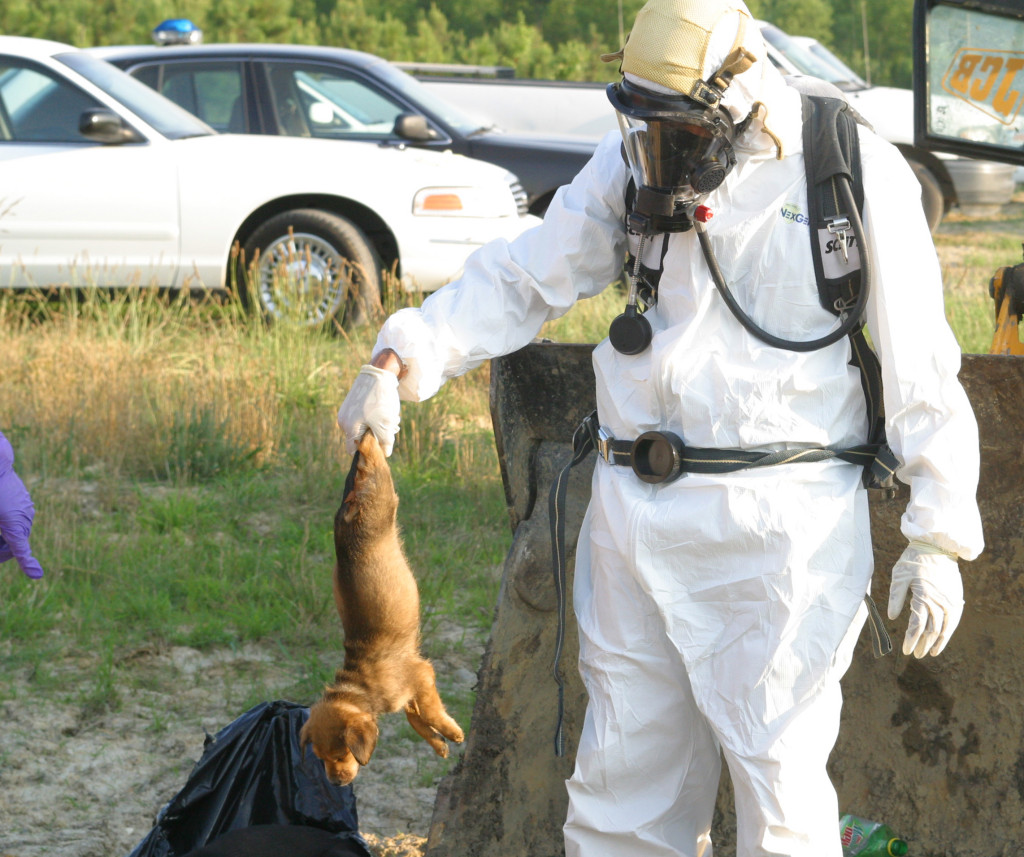 Ahoskie (N.C.) Police Detective Sgt. Jeremy Roberts prepares to bury on Town of Ahoskie property, one of the dead dogs found by police, Wednesday, June 15, 2005, in a garbage bin in Ahoskie, N.C.  Two employees of People for the Ethical Treatment of Animals were charged with animal cruelty for allegedly picking up dogs, including the one shown here, and cats from shelters and dumping their dead bodies in the garbage.  Police said they found 18 dead animals in the bin and 13 more in a van registered to the activist group, all from shelters in the North Carolina's northeastern corner. (AP Photo/Roanoke-Chowan News-Herald, Cal Bryant)