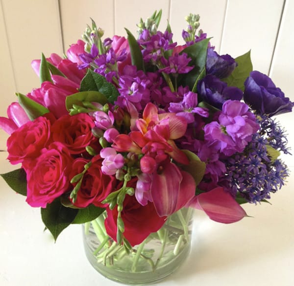Green-Bouquet-Floral-Design-Hot-pink-and-purple-flowers-600x585