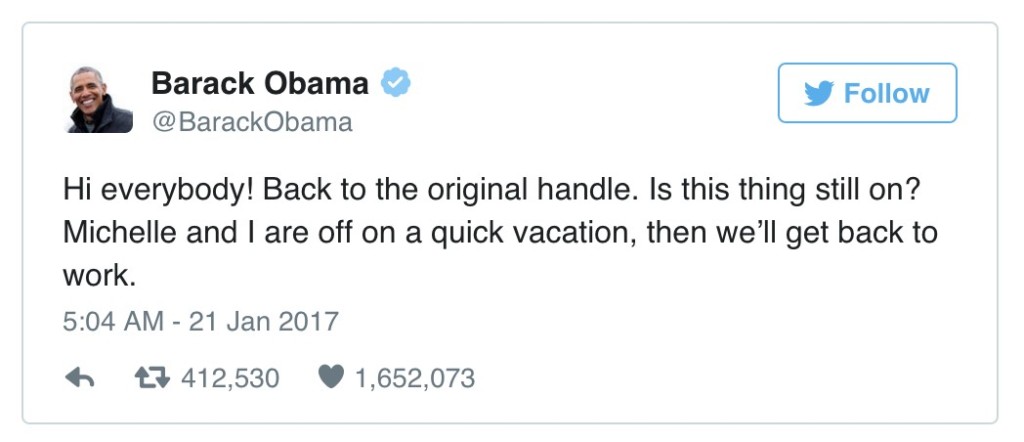 變回一般市民後，這是歐巴馬的在推特上發的「第一個文」165萬個讚！